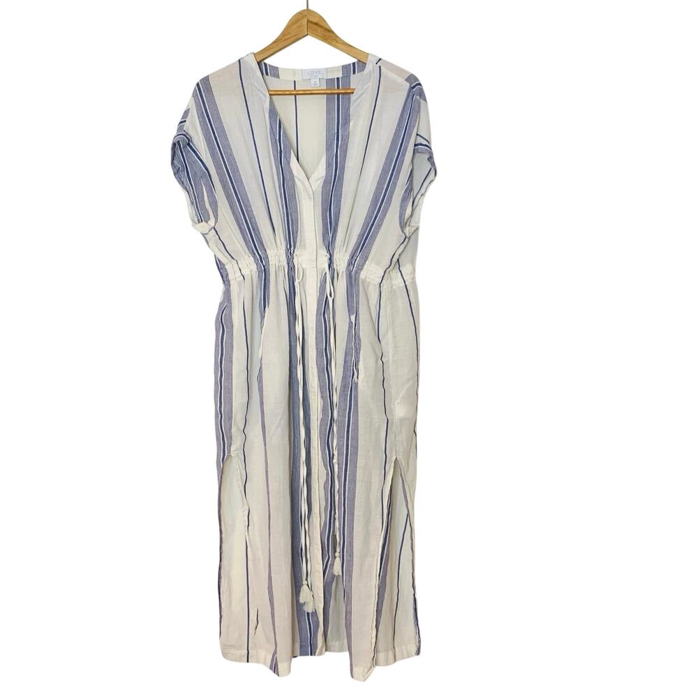 Love by Gap Shirt Dress Blue White Striped Linen Tassel Cover Up sz M